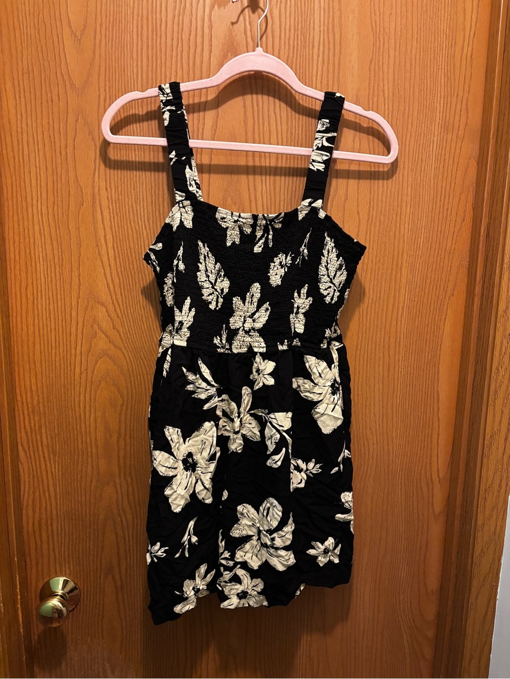 Black Floral Smocked Romper with White Print